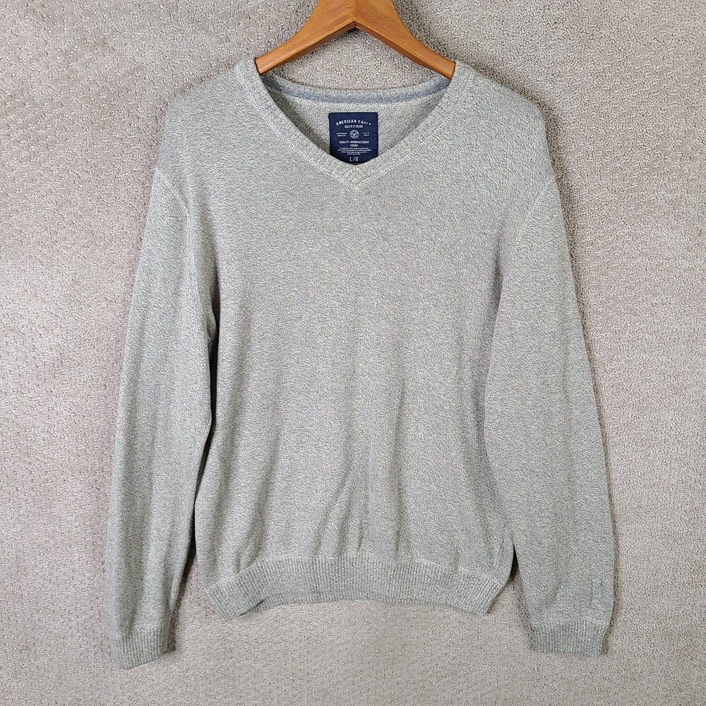 American Eagle Sweater Mens Large Beige Knit Pullover V Neck‎ Cotton Essential